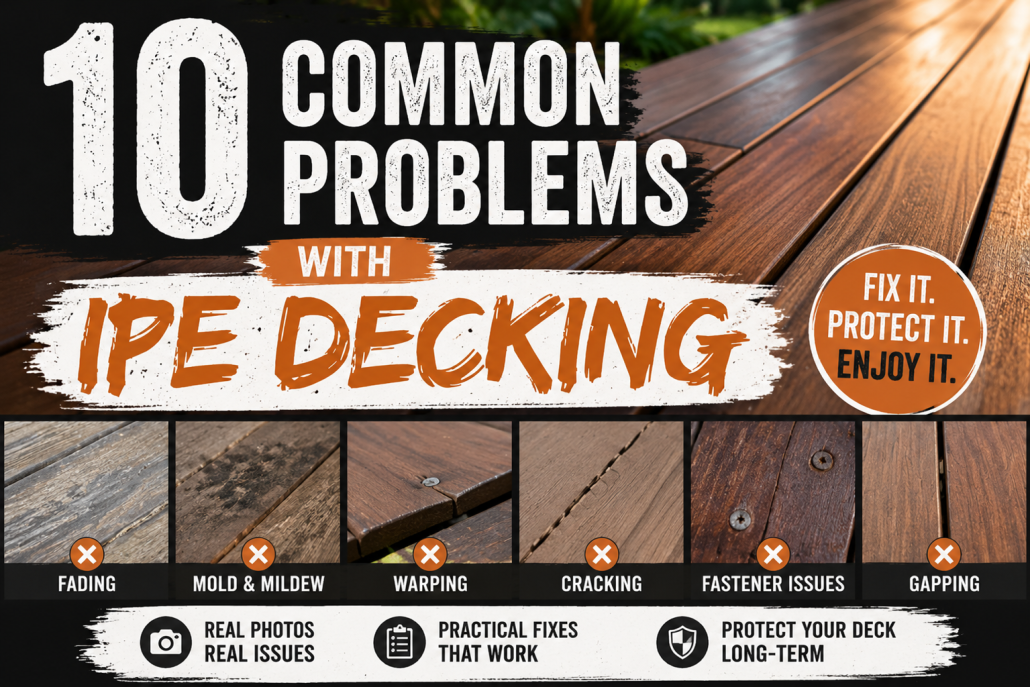 Featured image for an article about 10 common Ipe decking problems including fading, cracking, warping, mold, fastener issues, and maintenance tips.