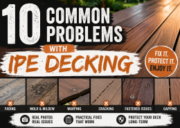 Featured image for an article about 10 common Ipe decking problems including fading, cracking, warping, mold, fastener issues, and maintenance tips.