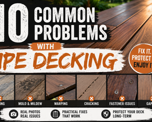 Featured image for an article about 10 common Ipe decking problems including fading, cracking, warping, mold, fastener issues, and maintenance tips.
