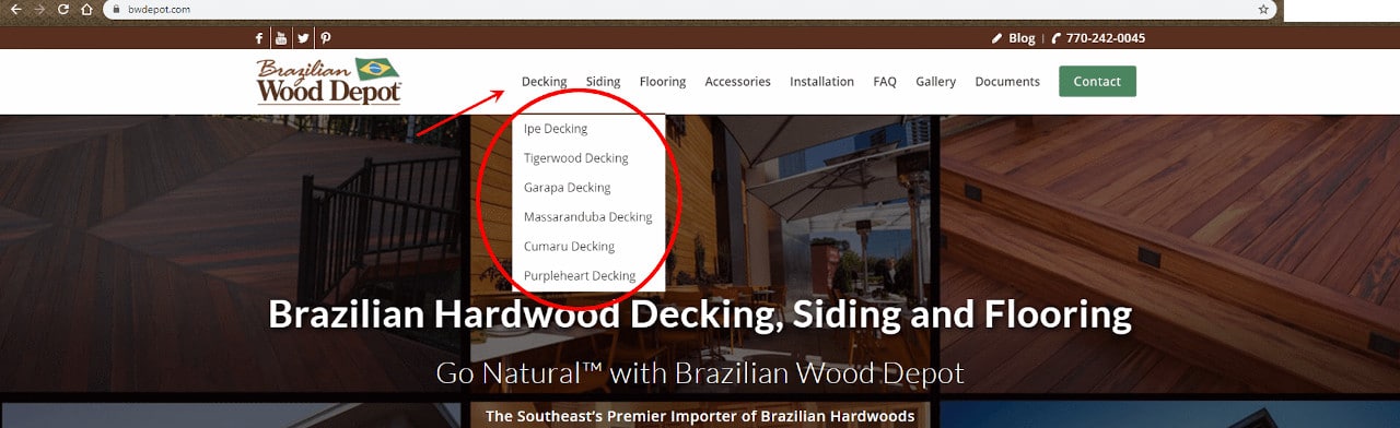 Screenshot of Brazilian Wood Depot Homepage
