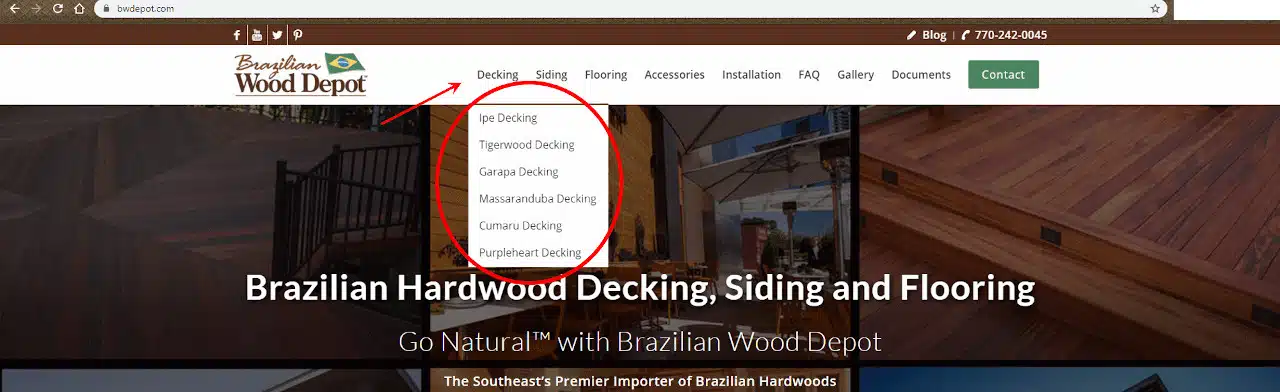 Hovering your cursor over the "Decking" tab, a drop down menu appears, showing the Hardwood Decking landing pages.
