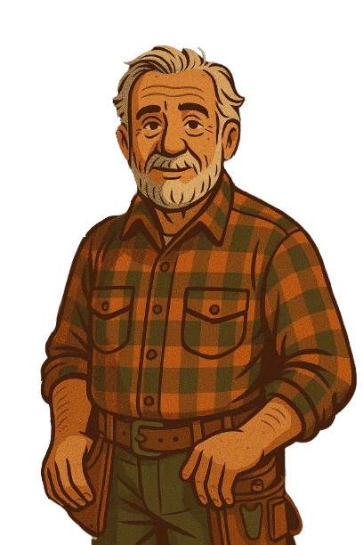 Heritage Harry, the illustrated brand character of Heritage Framing Lumber, representing premium structural framing systems engineered to support Ipe and other Brazilian hardwood decking.
