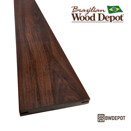 Ipe 1×6 hardwood decking board grooved on both sides for hidden fasteners, showing rich brown grain and smooth finish.