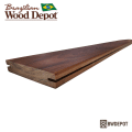 Ipe 5/4×6 grooved decking board showing dual grooves and end grain profile with natural color.