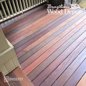 Ipe wood decking installed on a residential porch showing rich red-brown color tones.