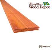Grooved Cumaru hardwood decking board showing dual edge grooves for clip installation.