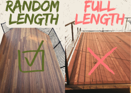 Comparison of random length decking boards versus full length decking boards, showing a check mark on random lengths and an X on full lengths.