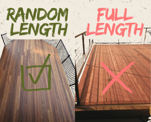 Comparison of random length decking boards versus full length decking boards, showing a check mark on random lengths and an X on full lengths.