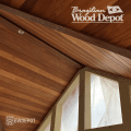 Close-up view of angled Ipe V-Groove ceiling installation highlighting the precision fit and warm tones of Ipe hardwood.