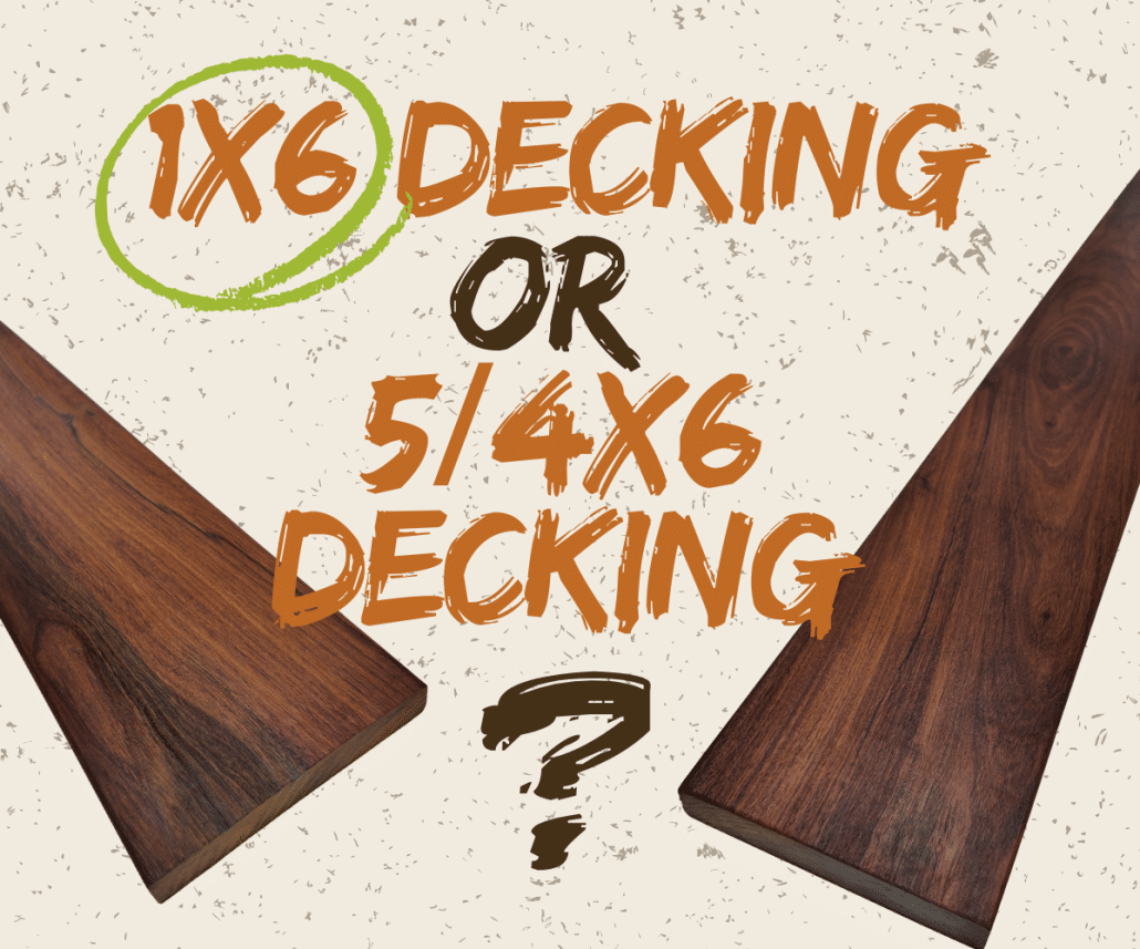 Comparison of 1x6 vs 5/4x6 Ipe hardwood decking boards showing thickness and color differences.