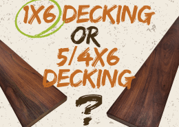 Comparison of 1x6 vs 5/4x6 Ipe hardwood decking boards showing thickness and color differences.