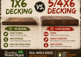 Comparison of 1x6 and 5/4x6 Ipe decking board thicknesses showing installation, cost, and performance differences for Brazilian hardwood deck construction.