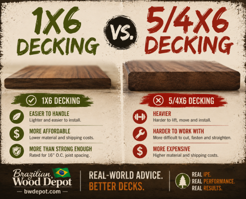 Comparison of 1x6 and 5/4x6 Ipe decking board thicknesses showing installation, cost, and performance differences for Brazilian hardwood deck construction.
