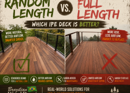 Comparison of random length decking boards versus full length decking boards, showing a check mark on random lengths and an X on full lengths.