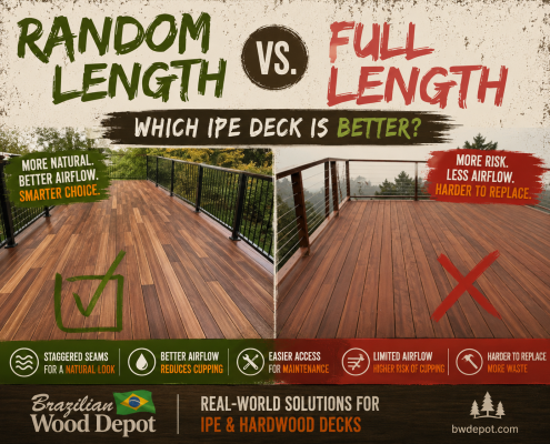 Comparison of random length decking boards versus full length decking boards, showing a check mark on random lengths and an X on full lengths.
