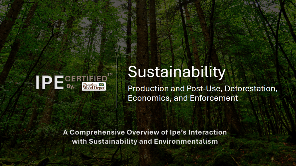 IPE Certified Sustainability cover image featuring a lush green forest background with text about production, deforestation, economics, and enforcement.