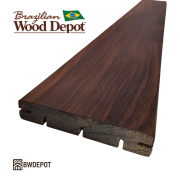 Close-up of 5/4×6 Ipe hardwood decking board showing side groove and bottom groove milling for hidden fastening and airflow control.