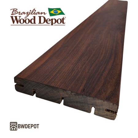 Close-up of 5/4×6 Ipe hardwood decking board showing side groove and bottom groove milling for hidden fastening and airflow control.