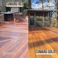 Side-by-side comparison of Cumaru Red and Cumaru Gold decking in 1x6 and 5/4x6 boards, showing dominant color profile differences between red and gold Cumaru.