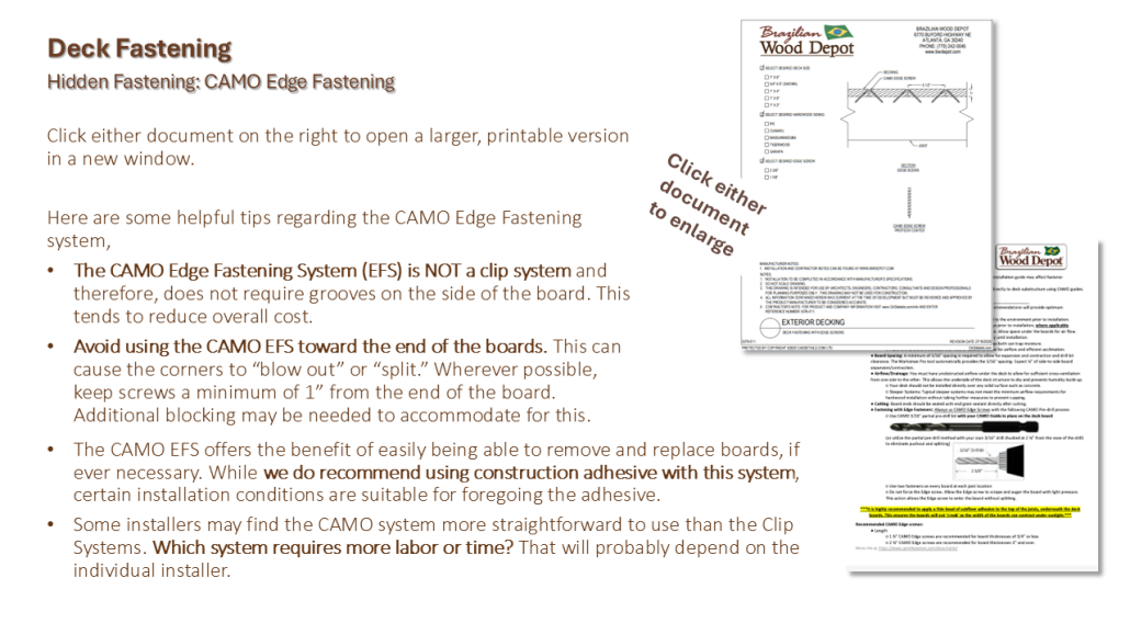 Close-up image of CAMO edge screws with labeled features such as trim-style head, reverse rake tip, and shouldered shank designed for hardwood installations.