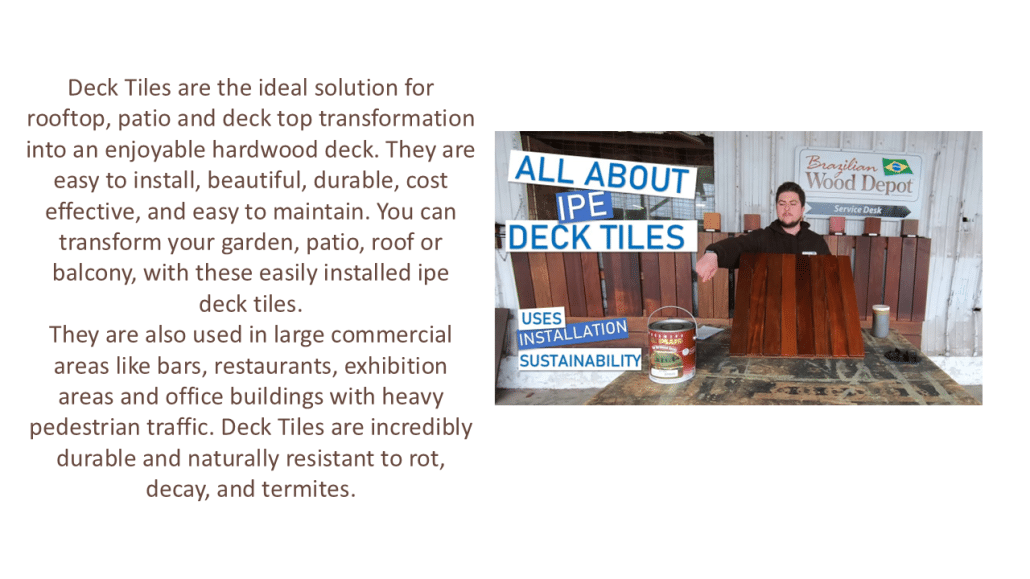 Slide listing general requirements for hardwood deck tile installation, including substrate conditions, drainage needs, membrane considerations, and hardware specifications.