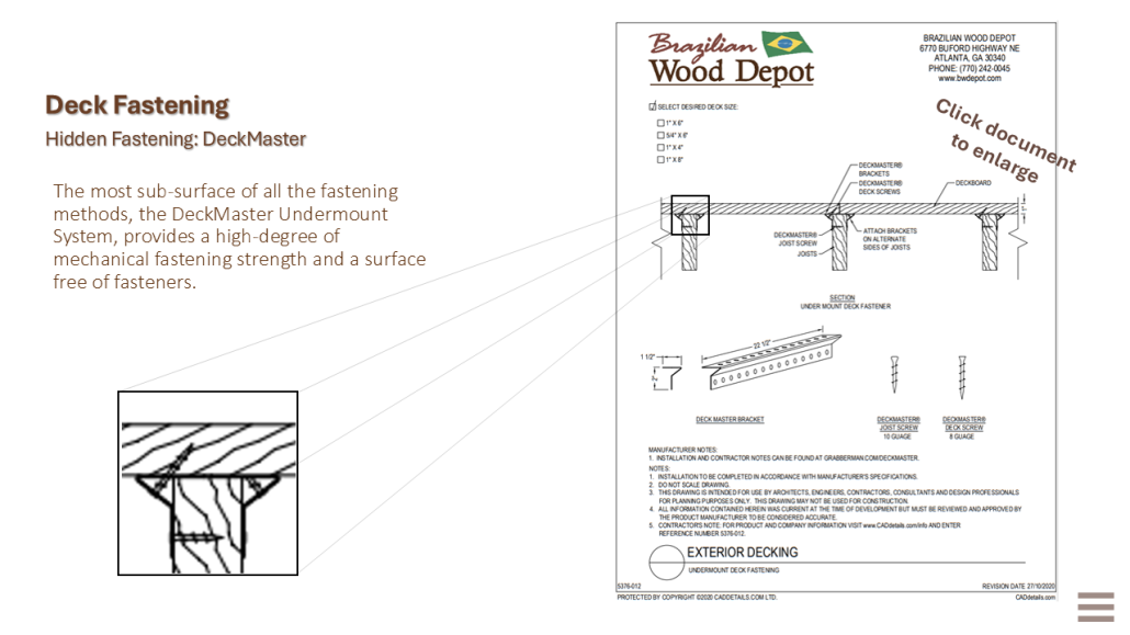Close-up image of DeckMaster stainless screws designed for upward fastening through undermount brackets into the underside of dense Brazilian hardwood deck boards.