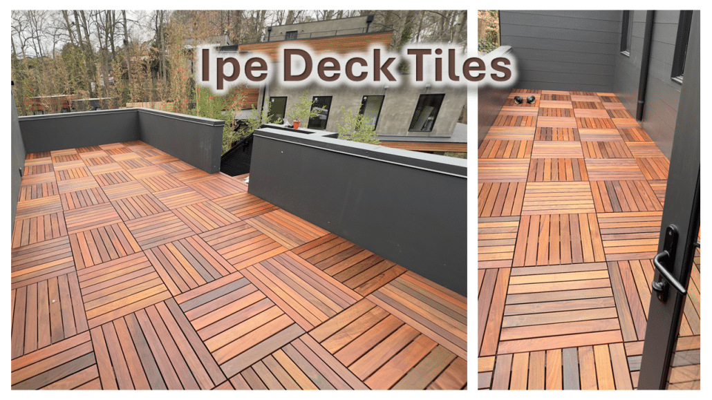 Two photos showing installed Ipe deck tiles on a rooftop terrace and balcony area, arranged in alternating patterns with warm brown hardwood tones and clean modular alignment.