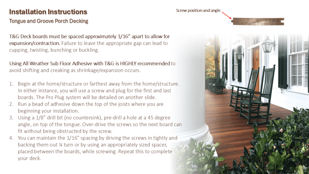 Slide explaining T&G porch decking spacing requirements, adhesive recommendations, and 45-degree screw angle, with an image of a porch and a diagram showing screw position.