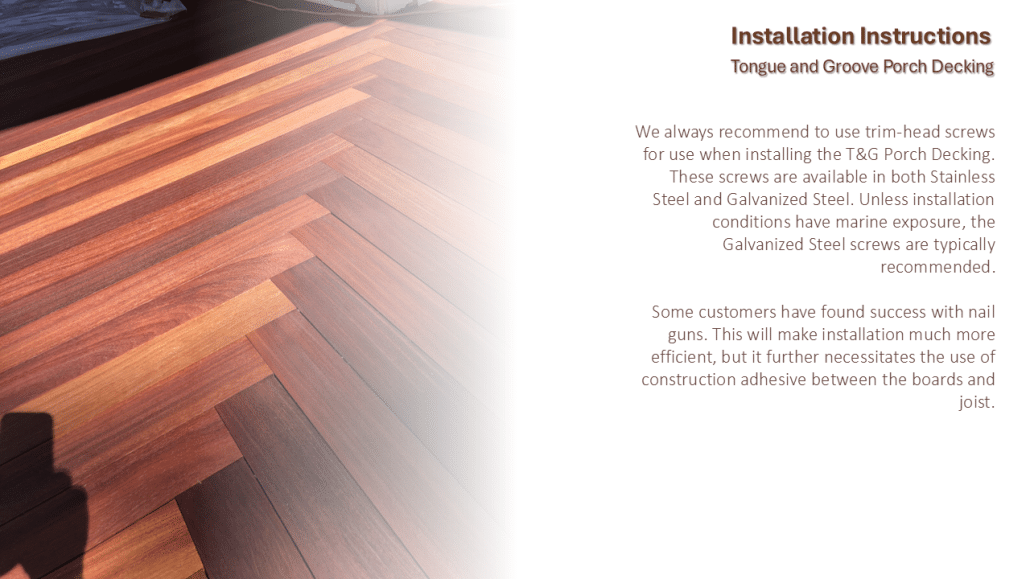 Slide describing screw recommendations for T&G porch decking, including stainless trim-head screws, galvanized screws, and optional nail gun use, shown alongside a close-up image of a hardwood herringbone floor.