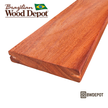 Close-up view of Cumaru 5/4×6 grooved both sides decking board showing rich grain and natural reddish-brown color.