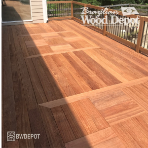 Cumaru 5/4x6 deck featuring a picture-frame layout with red and golden hardwood tones.