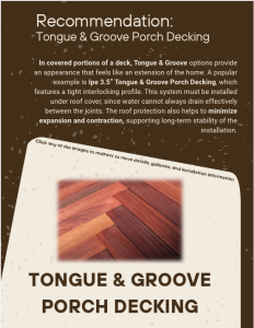 Decking Wizard Recommendation – Tongue & Groove Porch Decking BWDepot Decking Wizard report recommendation slide highlighting Tongue and Groove Porch Decking with description of covered deck benefits and interlocking profile.