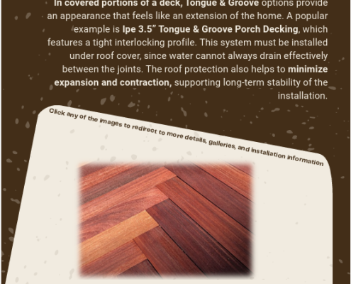 Decking Wizard Recommendation – Tongue & Groove Porch Decking BWDepot Decking Wizard report recommendation slide highlighting Tongue and Groove Porch Decking with description of covered deck benefits and interlocking profile.