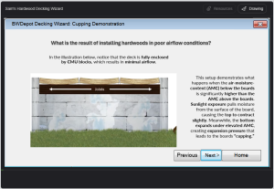 Decking Wizard Cupping Demonstration – Poor Airflow Example BWDepot Decking Wizard cupping demonstration screen showing a fully enclosed deck with minimal airflow beneath joists and an explanation of how uneven moisture causes hardwood boards to cup.