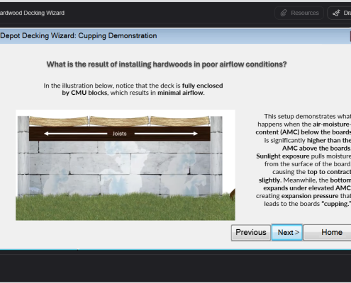 Decking Wizard Cupping Demonstration – Poor Airflow Example BWDepot Decking Wizard cupping demonstration screen showing a fully enclosed deck with minimal airflow beneath joists and an explanation of how uneven moisture causes hardwood boards to cup.