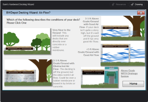 BWDepot Decking Wizard – Deck Airflow Selection Screen BWDepot Decking Wizard airflow selection screen showing deck height and ventilation options including near ground, obstructed airflow, good airflow, and drainage system