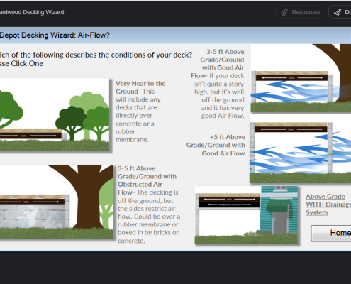 BWDepot Decking Wizard – Deck Airflow Selection Screen BWDepot Decking Wizard airflow selection screen showing deck height and ventilation options including near ground, obstructed airflow, good airflow, and drainage system