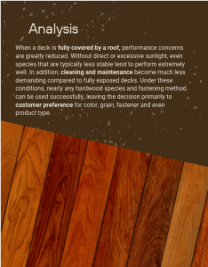 BWDepot Decking Wizard Report – Covered Deck Performance Analysis BWDepot Decking Wizard report analysis page explaining performance of fully covered hardwood decks with Brazilian hardwood background image