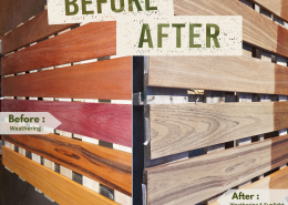 Before and after comparison showing how Ipe decking and Brazilian hardwoods weather from rich brown to silver gray when exposed to sunlight