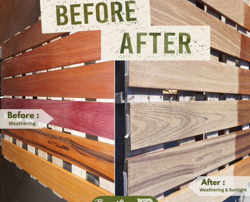 Before and after comparison showing how Ipe decking and Brazilian hardwoods weather from rich brown to silver gray when exposed to sunlight