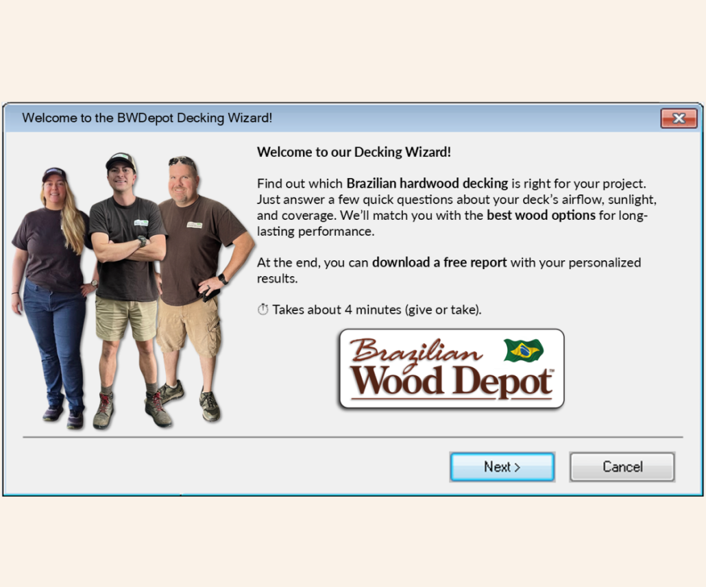 Screenshot of BWDepot Decking Wizard welcome screen featuring Brazilian Wood Depot sales team and introduction to the interactive hardwood decking decision tool