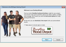 Screenshot of BWDepot Decking Wizard welcome screen featuring Brazilian Wood Depot sales team and introduction to the interactive hardwood decking decision tool