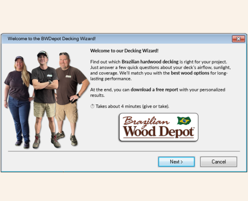 Screenshot of BWDepot Decking Wizard welcome screen featuring Brazilian Wood Depot sales team and introduction to the interactive hardwood decking decision tool