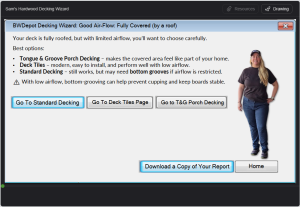 BWDepot Decking Wizard Example Report – Good Airflow, Fully Covered Deck Example report screen from BWDepot Decking Wizard showing recommendations for fully covered deck with good airflow, including tongue and groove porch decking, deck tiles, and standard decking options