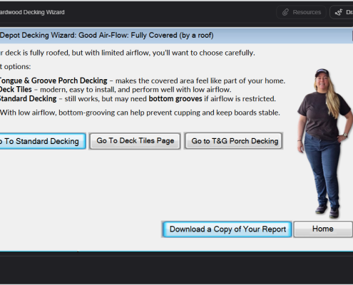 BWDepot Decking Wizard Example Report – Good Airflow, Fully Covered Deck Example report screen from BWDepot Decking Wizard showing recommendations for fully covered deck with good airflow, including tongue and groove porch decking, deck tiles, and standard decking options