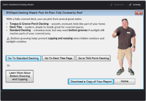 BWDepot Decking Wizard Example Report – Poor Airflow, Fully Covered Deck Example report screen from BWDepot Decking Wizard showing recommendations for fully covered deck with poor airflow, including standard decking, deck tiles, and tongue and groove porch decking options