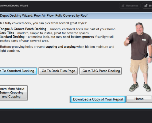 BWDepot Decking Wizard Example Report – Poor Airflow, Fully Covered Deck Example report screen from BWDepot Decking Wizard showing recommendations for fully covered deck with poor airflow, including standard decking, deck tiles, and tongue and groove porch decking options