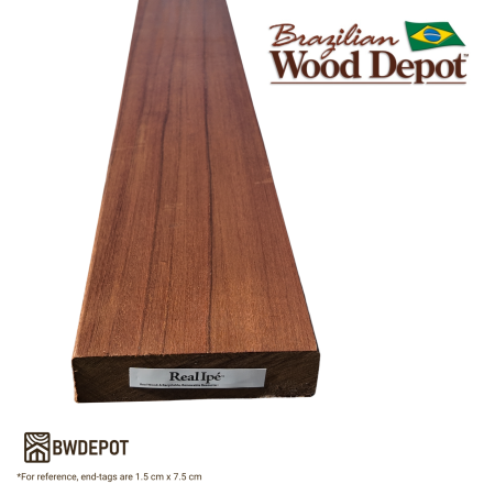 End-grain view of Ipe 2 by 6 lumber board, highlighting thickness, straight milling, and premium hardwood appearance.