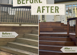 Before and after Ipe deck maintenance showing cleaning and oiling results