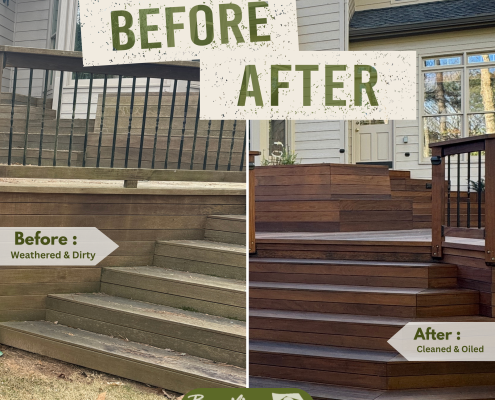 Before and after Ipe deck maintenance showing cleaning and oiling results